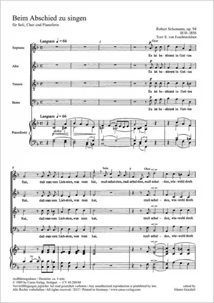 Beim Abschied zu singen op.84 für Soli, Chor und Klavier Neuheit