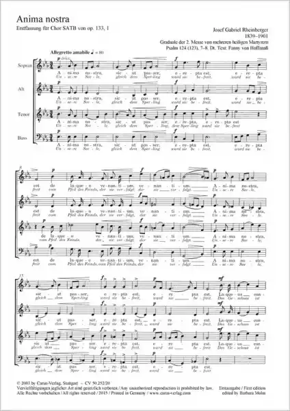 Anima nostra Es-Dur aus op.133,1: für gem Chor a cappella, Singpartitur Nur Heute