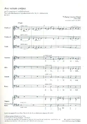 Ave verum corpus KV618 für Chor, Streicher, Orgel Preisreduziert
