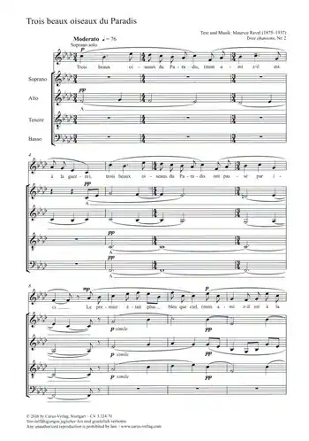 Solange Der Vorrat Reicht 3 beaux oiseaux du Paradis für Solostimme (SATB) und gem Chor a cappella