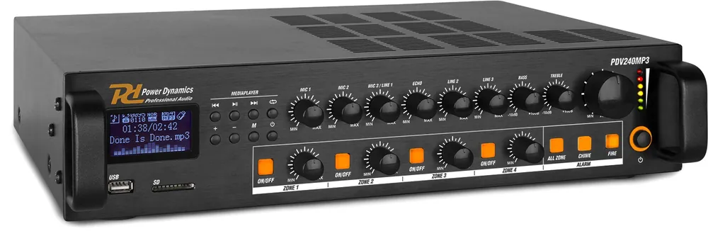 Power Dynamics PDV240MP3 PA-Mixer-Verstärker 240W/100V 4 Zonen Echt