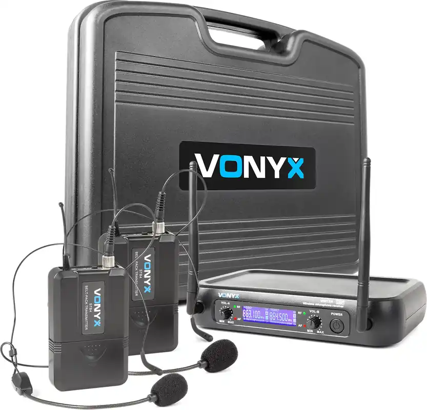 Kracherpreis Vonyx WM73H 2-Kanal UHF Drahtlos-Mikrofonsystem mit 2x Bodypacks und Display