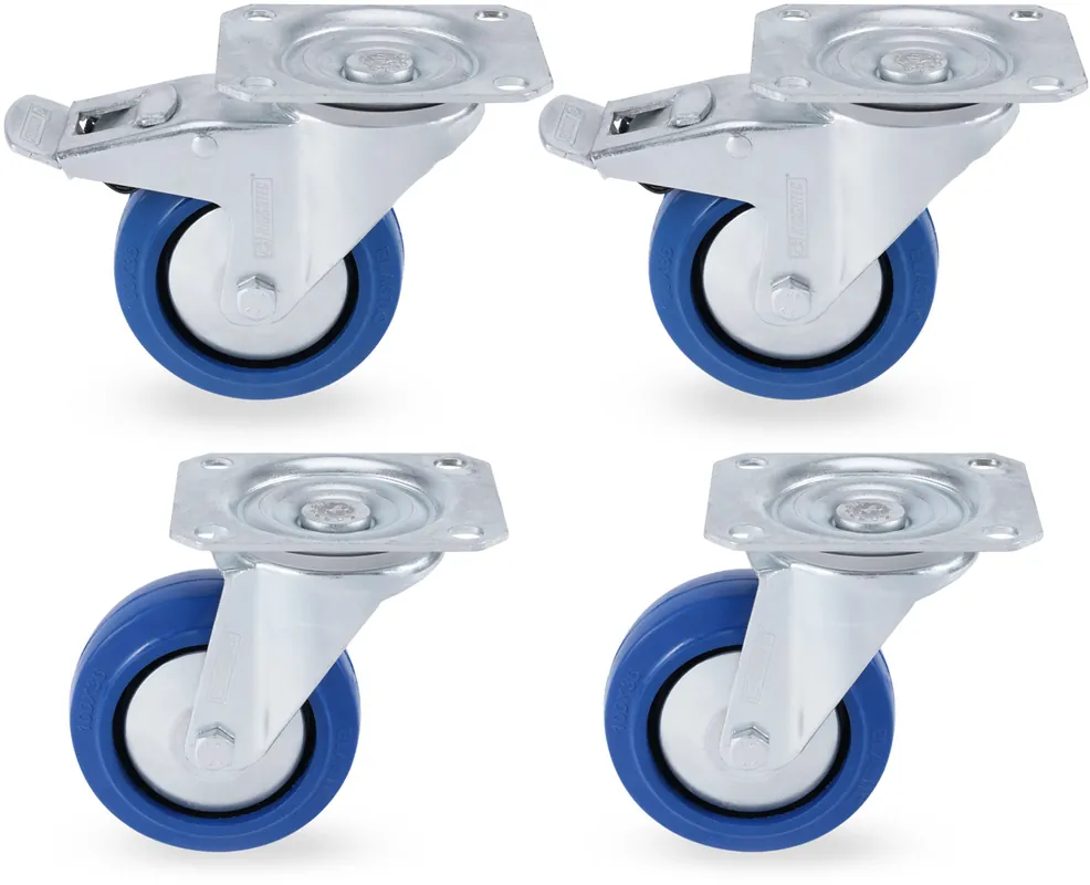 Gratis Versand Riggatec Lenkrollensatz 100mm BLUE WHEEL 2x mit Bremse, 2x ohne Bremse