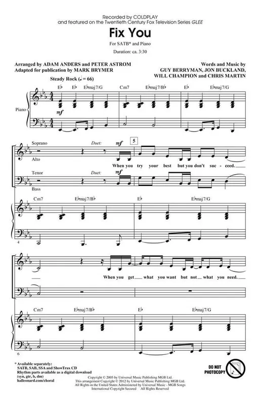 Martin Fix You by Coldplay Chor SATB Klavier HL08203026 Online Kaufen