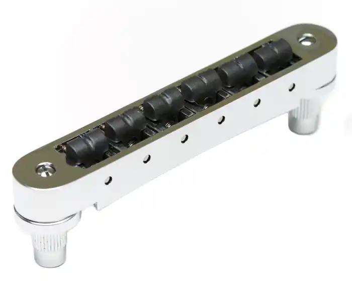 Abverkauf ResoMax PS-8843-C0 - NV2 Tune-O-Matic Bridge with String Saver Saddles (Small Posts, 4 mm) - Chrome
