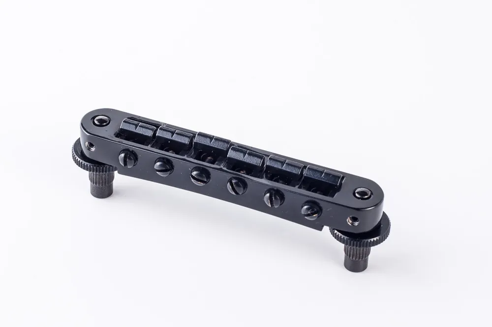 TonePros TP6A B - Standard Aluminium Tune-O-Matic Bridge with Bell Brass Saddles (Small Posts / Notched Saddles) - Black Ausverkauf